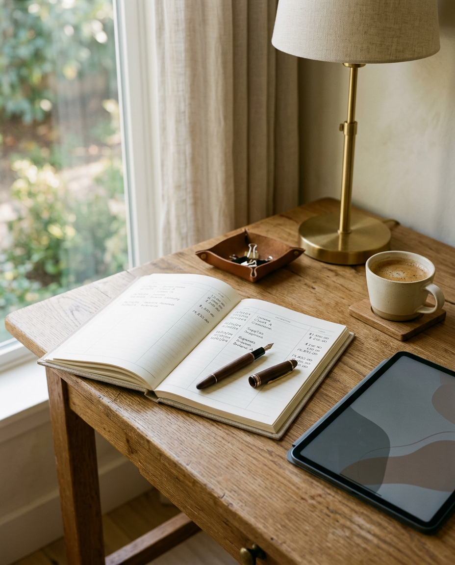 A quiet oak desk with an accounting ledger, fountain pen, and morning light