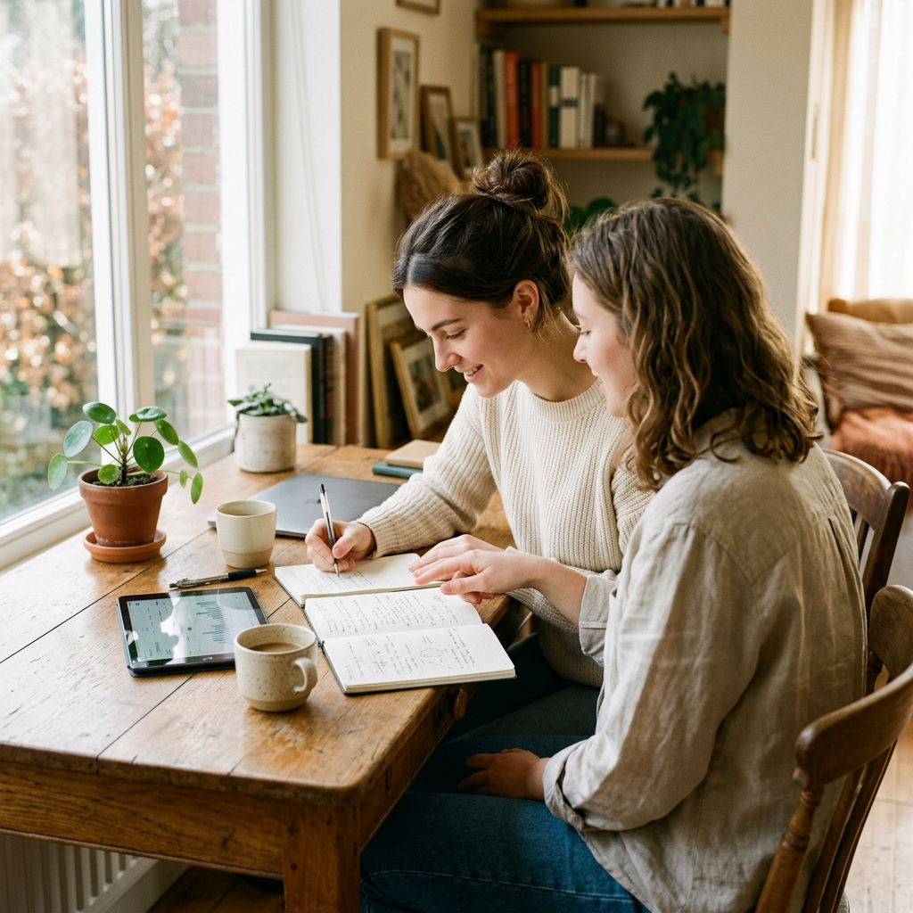Two women collaborating peacefully at a warm sunlit oak desk with notebooks, a tablet, and coffee
